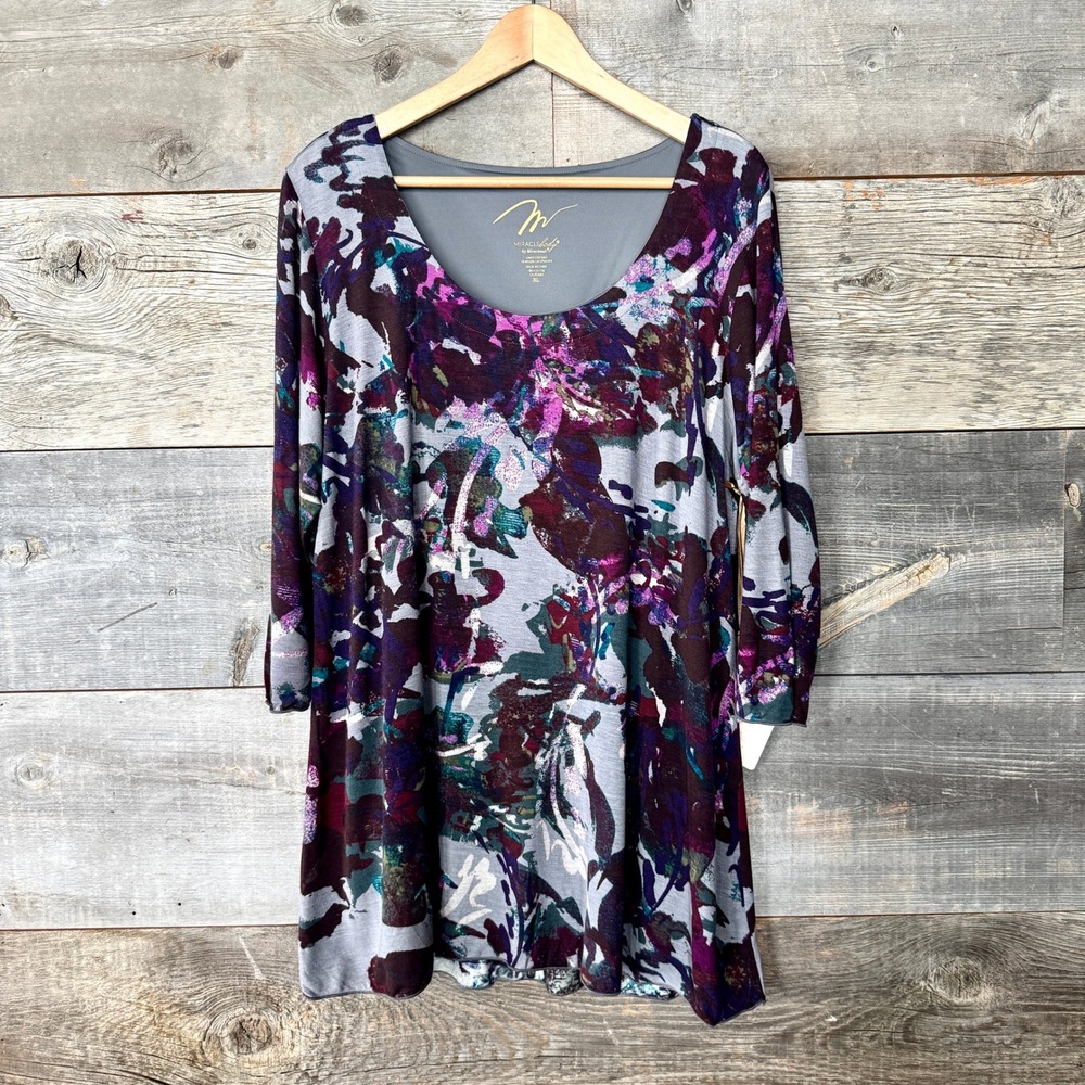 Miraclebody Miraclesuit Dark Floral Tunic Top XL Purple‎ Artsy Flowy Slimming